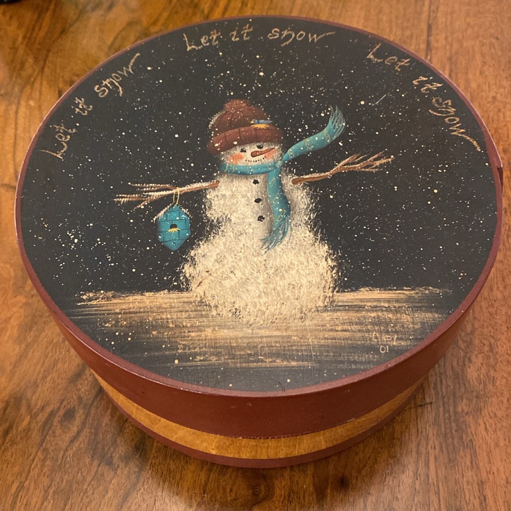 Vintage Wooden Round Snowman Container, All Handmade